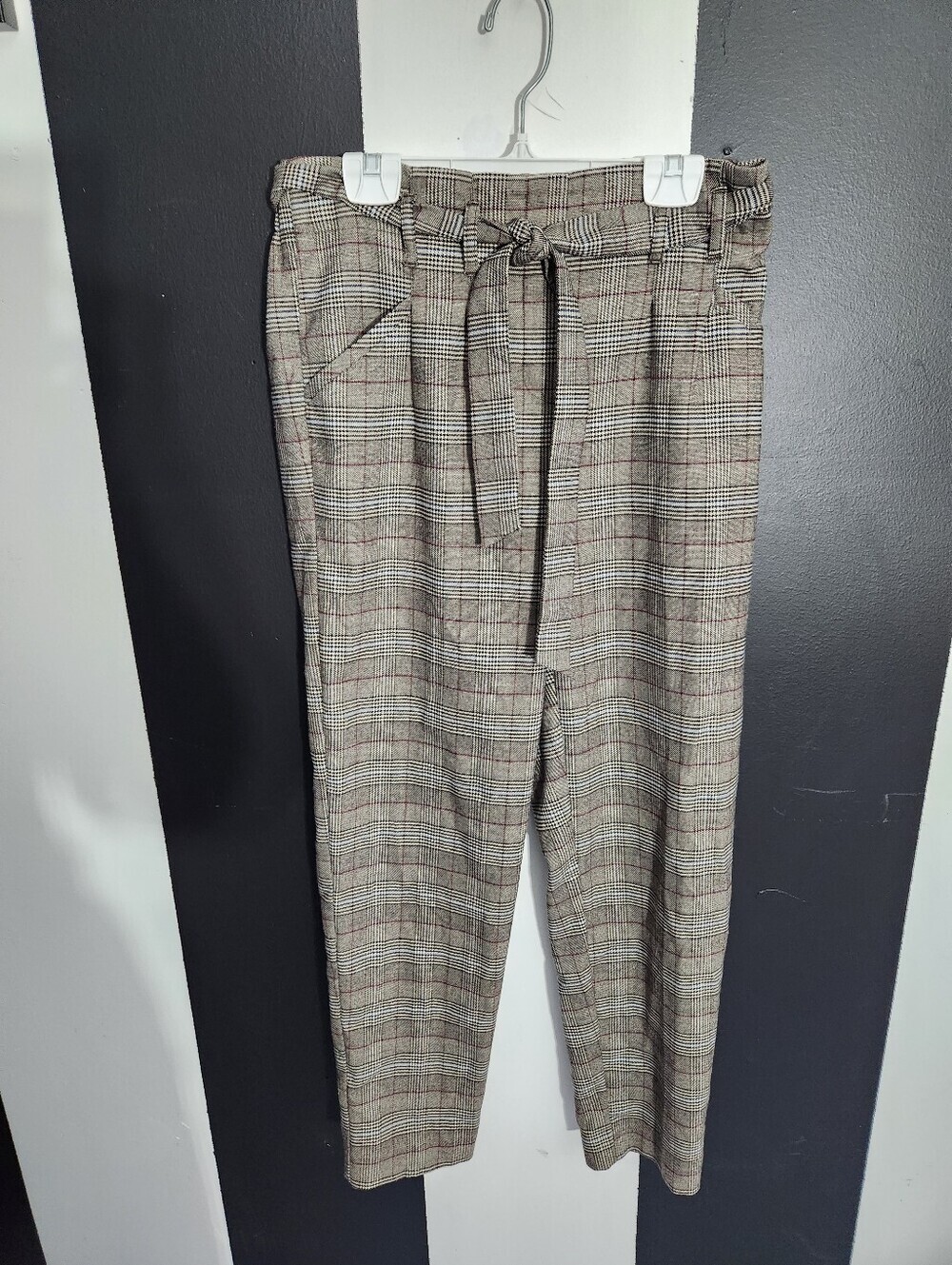 Paperbag Waist Plaid Drawstring Chinos - Brown & Tan